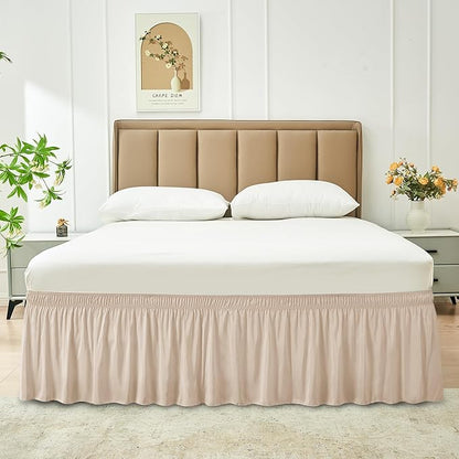 Biscaynebay Wrap Around Bed Skirts with Adjustable Belts for Queen Beds 15 Inch Drop, Sand Elastic Dust Ruffles Easy Fit Wrinkle & Fade Resistant Silky Luxurious Fabric Machine Washable