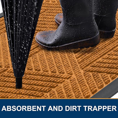 Smiry Front Door Mat Outside Entrance, Heavy Duty Sturdy Natural Rubber Doormat, Trap Dirt and Moisture, Easy Clean Low Profile Mats for Indoor Outdoor Entry, Irregular Triangle (36x24, Amber)
