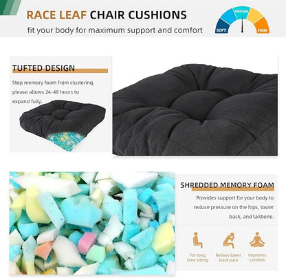 RACE LEAF 17" x 17" Patio Chair Cushions Black - Outdoor/Indoor Tufted Memory Foam Chair Pads Set of 2, Water-Resistant Olefin Chair Seat Cushion Non-Slip Backing