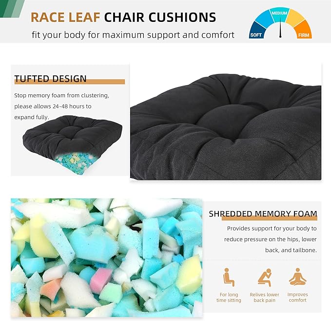 RACE LEAF Patio Chair Cushions 19x19 Inch 4 Pack, Memory Foam Outdoor Cushions Water Resistant Non-Slip Tufted for Garden Chair (Black)