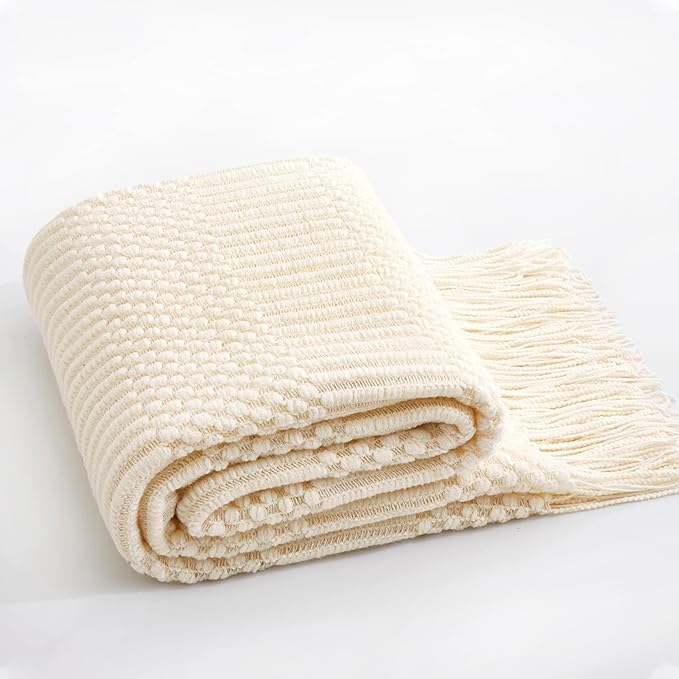 Off White Knitted Throw Blankets for Couch, Bedroom and Officeroom,Textured Fade Resistant Soft and Warm Decorative Knitted Blankets with Tassel,50"x60"