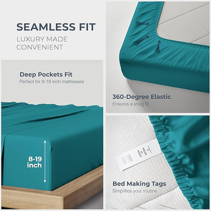 THREAD SPREAD 100% Egyptian Cotton Sheets Queen Size Bed Set - 4 PC 1500 Luxury High Thread Count Teal Egyptian Cotton Queen Bed Sheets, Silky Soft, Cooling, Sateen Weave, 17" Deep Pocket Bedsheet