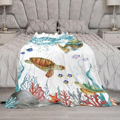 Sea Turtle Throw Blanket, Teal Blue Ocean Underwater Animal Starfish Fish Nautical Coastal Theme Fleece Flannel Blanket for Couch Sofa Bedroom Adults Kids, 30"x40"