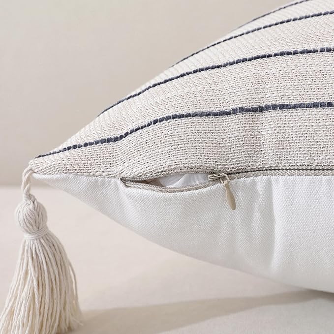 Boho Throw Pillow Covers 20x12 Inch Set of 2, Textured Linen Striped Lumbar Cushion Covers with Tassels, Soft & Cozy Farmhouse Decor Pillow Cases for Sofa, Couch, Bed, Living Room, Green