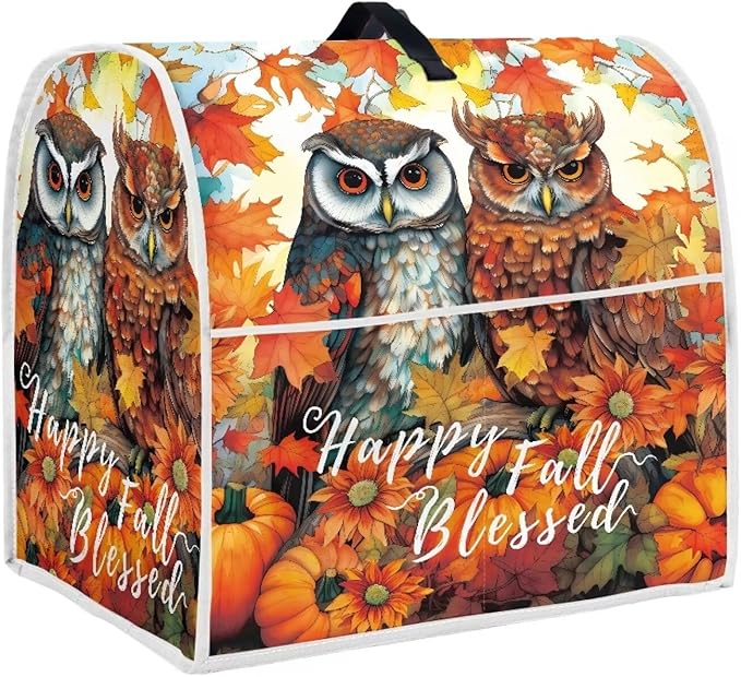 Owl Stand Mixer Cover Compatible with 4.5-5 Quart, Autumn Pumpkin Kitchen Appliance Cover Universal for Air Fryers Maple Leaf Coffee Makers Pressure Cooker Cover Thanksgiving Kitchen Decor
