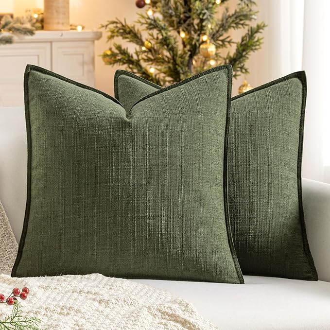 MIULEE Christmas Decorative Pillow Covers 18x18, 2 Pack Boho Farmhouse Neutral Throw Pillows for Couch, Thick Textured Modern Linen Cushion Cases Sofa Bed Living Room Home Decor, Dark Green