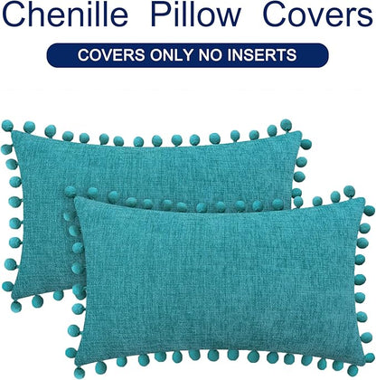 CaliTime Throw Pillow Covers Decorative 20 X 12 Inches Pack of 2 Cozy Solid Dyed Soft Chenille Cushion Cases with Pom Poms for Couch Sofa Bed Living Room Home Lake Blue