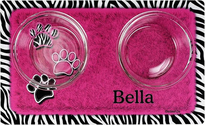 Drymate Personalized Pet Bowl Placemat, Custom Dog & Cat Food Feeding Mat - Absorbent Fabric, Waterproof Backing - Machine Washable/Durable (USA Made) (12" x 20") (Zebra Pink)