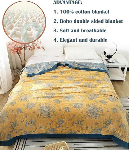 Boho Throw Blanket 100% Cotton Blankets, Super Soft Cozy Warm Blanket, Cotton Quilted Blankets, Versatile KnitWoven Blanket for Couch Sofa Bed Home Decor and Living Room, 78''Wx 90''L