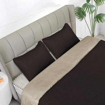 Easy-Going Twin Size Reversible Quilt Set with 1 Quilt and 1 Pillow Sham, Soft Bed Quilt Cover, Water Resistant Lightweight Microfiber Bedspread, Stain Resistant, Olive Leaf-Chocolate/Beige