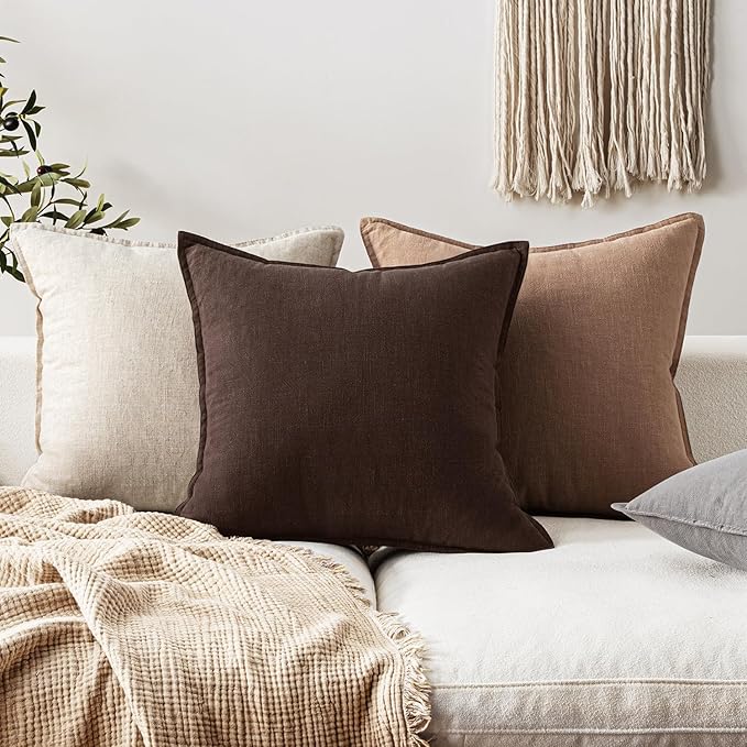 EMEMA Throw Pillow Covers Decorative Linen Pillow Covers 20x20 Inch Dark Brown Boho Farmhouse Neutral Couch Throw Pillows for Bed Pack of 2 Accent Pillowcase Modern Sofa Cushion Livingroom Home