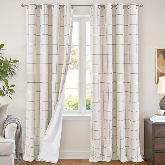 Plaid Patterned Curtains Thermal Insulated - 96 Inches Extra Long Total Linen Blackout Curtains for Living Room, Boho Drapery for Farmhouse Bedroom 52x96 Inch 2 Panels, Dark Green