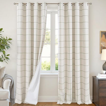 Plaid Curtains Pattern Printed 90 Inches Long - Total Linen Blackout Curtains for Living Room, Boho Grommet Drapes for Farmhouse Thermal Drapery 52x90 Inch 2 Panels, Dark Green
