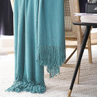 LOMAO Knitted Throw Blanket with Tassels Bubble Textured Lightweight Throws for Couch Cover Home Decor (Lake Blue, 50x60)