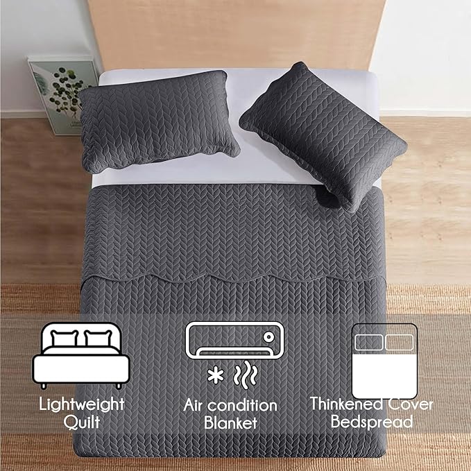 IR Imperial Rooms Twin Quilt Bedding Set Size (68” x 86”) + 1 Pillow Shams (20” x 26” + 2”) - 2 Pcs All Season Lightweight Reversible Microfiber Coverlet Embossed Quilt Bedspread (Charcoal)