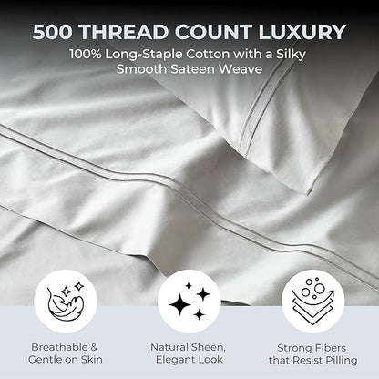 100% Natural Cotton Bed Sheets | 500 TC Single-Ply Sateen Weave Cal King Sheet Set | Breathable & Hypoallergenic Solid 4-Piece Bedding with Deep Pocket Fitted, Flat, Pillowcase | Grey
