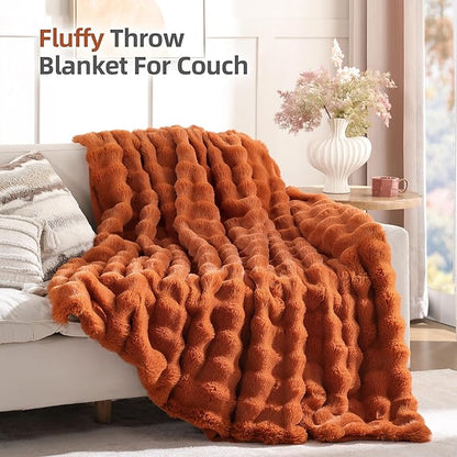 Smoofy Faux Fur Fall Throw Blanket for Couch – Burnt Orange Fluffy Cozy Rabbit Fleece, Plush Soft Bubble Blanket for Sofa & Bed, for Mom, Warm Fuzzy Home Room Decor Throw 50" x 60"