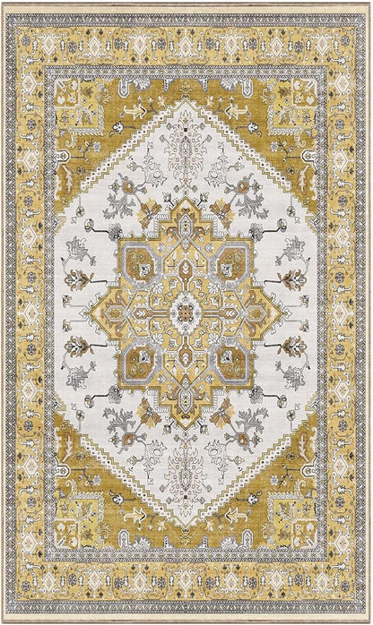 OPPODREAM Thin Area Rugs 3x5, Washable Rugs with Non Slip Backing, Low-Pile Throw 3x5 Carpet, Faux Cashmere 3 x 5 Carpet, Yellow