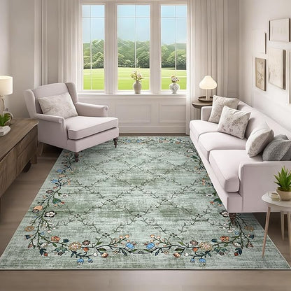 GarveeHome 9x12 Washable Floral Area Rugs for Living Room: Modern Floral Non Slip Large Area Rugs for Bedroom, Large Machine Washable Living Room Low Pile Carpet with Non-Slip Backing Green 9'x12'.
