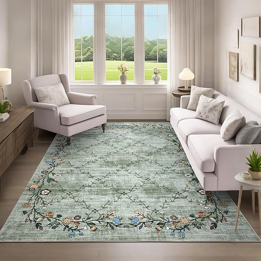 Garveehome 5x7 Washable Floral Area Rugs for Living Room: Modern Floral Non Slip Large Area Rugs for Bedroom, Large Machine Washable Living Room Low Pile Carpet with Non-Slip Backing Green 5 ft x7 ft.