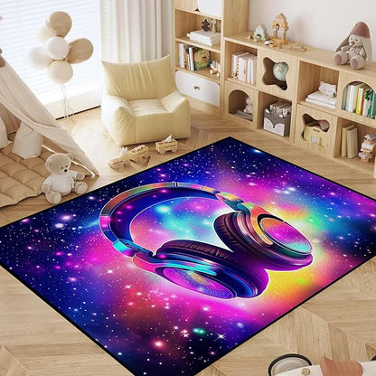 Galaxy Game Area Rug Large Music Headphone Rugs Colorful Throw Rug Non-Slip Carpet Doormats for Living Room Bedroom Apartment Dorm Floor Mat 71 in x 47 in