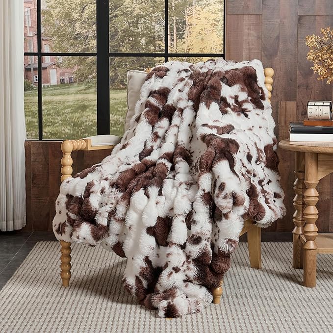 Lotus Karen Faux Fur Throw Blanket Cow Print-Dark Brown, Fluffy Fuzzy Plush Bubble Blanket for Couch, 90x90 InchesCozy Shaggy Rabbit Blanket, Luxury Decorative Gifts for Sofa Bedroom Living Room.