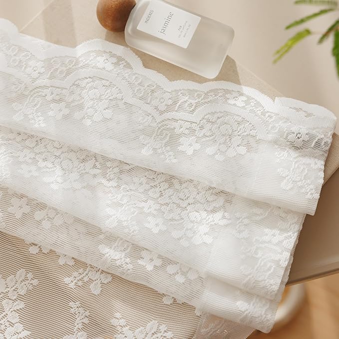 Anmao Vintage White Lace Curtains 96 Inches Long 2 Panels Set, Romantic Elegant Light Filtering Semi Sheer Floral Thick Lacy Curtain Drapes for Living Room and Bedroom, Each Panel 55W x 96L, Off White