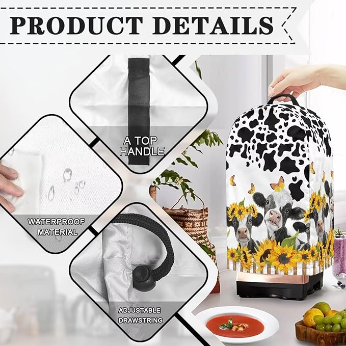 Cow Sunflower Blender Dust Covers with Drawstring, Stand Mixer or Coffee Maker Appliance Cover, Anti Fingerprint Dust Proof Stain Resistant Blender Cover for Home Kitchen