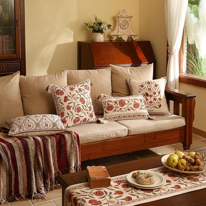 ISAENNE Design Linen Rectangle Vintage Throw Pillow Covers 12"x20" Pack of 2, Brick Red Cushion Covers with Orange Floral Green Leaves Pattern Decor Pillowcases for Bed,Living Room,Outdoor,Car