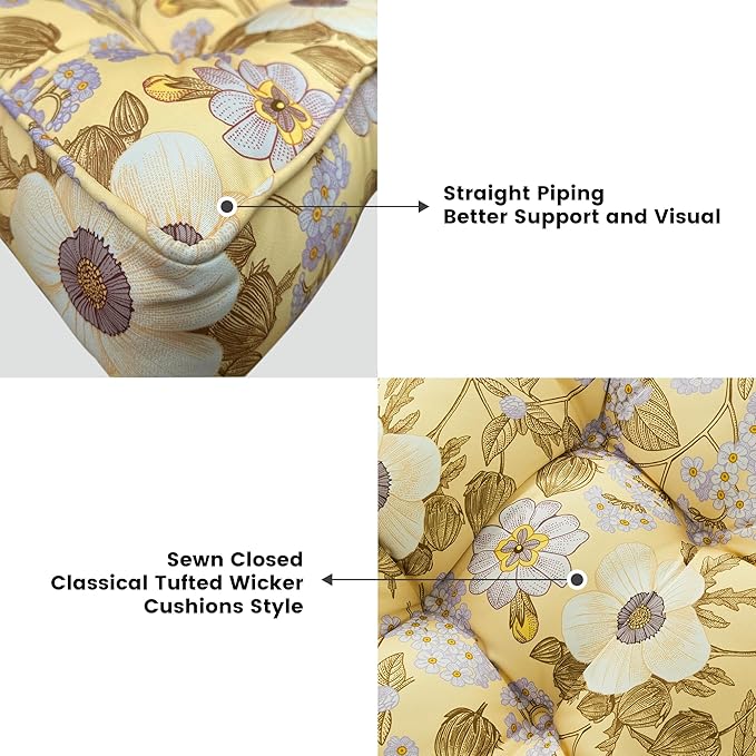 ARTPLAN Outdoor Seat Cushion,Square Thick Tufted Pure Chair Cushion for Patio Wicker Chair with Tie,Set of 2,19"x19"x5"，Floral