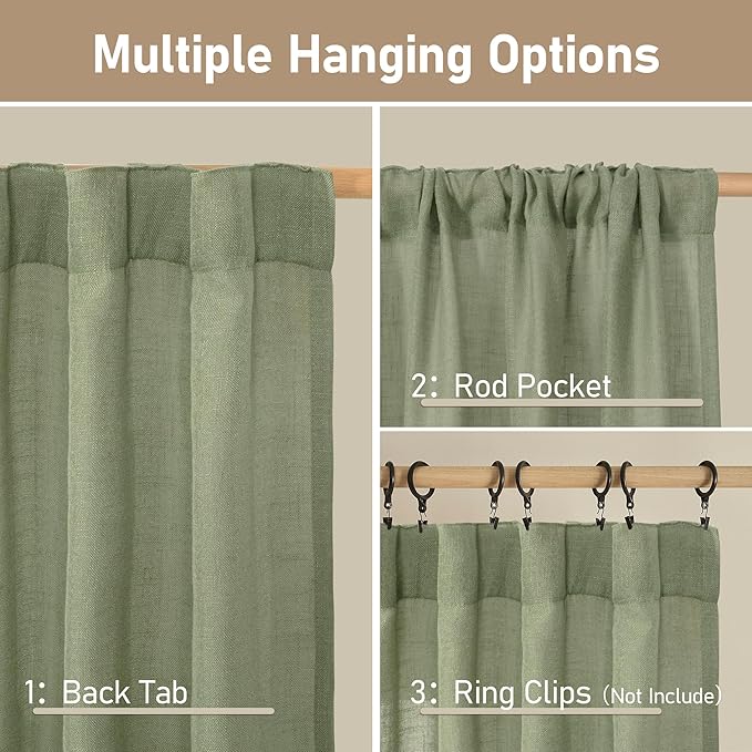 LAMIT Small Window Linen Curtains for Kitchen, Cafe Curtains 24 inch Semi Sheer Light Filtering Panels Back Tab and Rod Pocket Drapes for Small Window, 2 Panels, Sage Green, 34 x 24 Inch