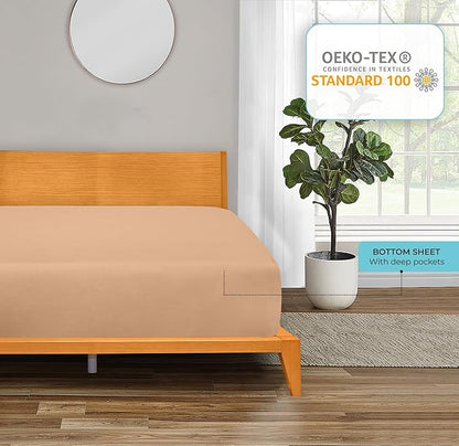 ROYALE LINENS 300 Thread Count 100% Long Staple Combed Cotton Fitted Sheet Twin - Super Soft Deep Pocket Bottom Sheet - Fitted Sheets Only - Elastic Sheets (Twin, Sand)