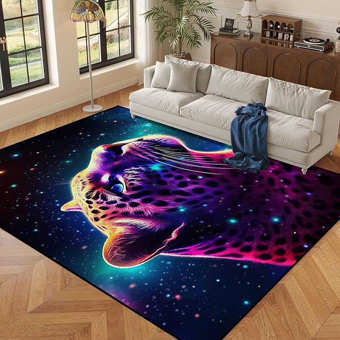6' x 9' Galaxy Leopard Rug Fierce Panther Area Rugs for Boys Kids Bedroom Living Room Gameroom Girls Space Glitter Carpet Floor Mat Throw Rugs,180 X 275cm