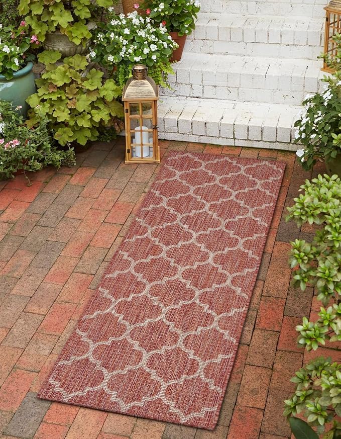 Unique Loom Outdoor Trellis Collection Area Rug (2' x 8' Runner Rust Red/Ivory)