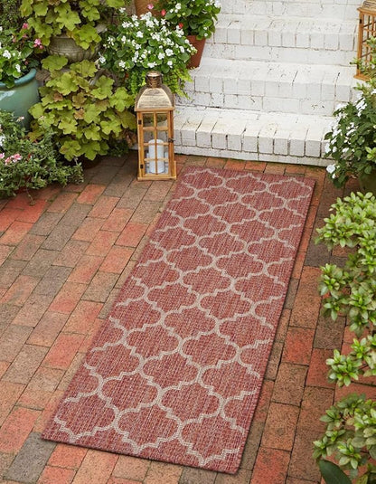 Unique Loom Outdoor Trellis Collection Area Rug (2' x 8' Runner Rust Red/Ivory)