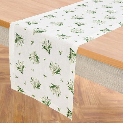 Solino Home Lily Floral Print Table Runner 72 Inches Long - 100% Pure Linen Table Runner 14 x 72 Inch - Machine Washable - Lily of The Valley/White Print