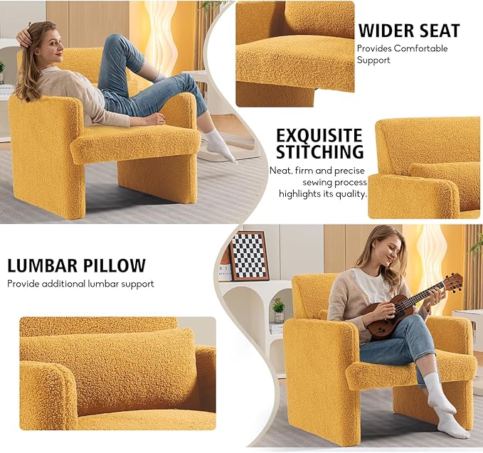 Gaussen Mid Century Modern Accent Chair - Sherpa Upholstered Armchair with Pillow, Oversized & Comfy for Living Room, Bedroom, Office, Cafe (Summer)