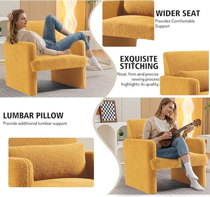 Gaussen Mid Century Modern Accent Chair - Sherpa Upholstered Armchair with Pillow, Oversized & Comfy for Living Room, Bedroom, Office, Cafe (Summer)