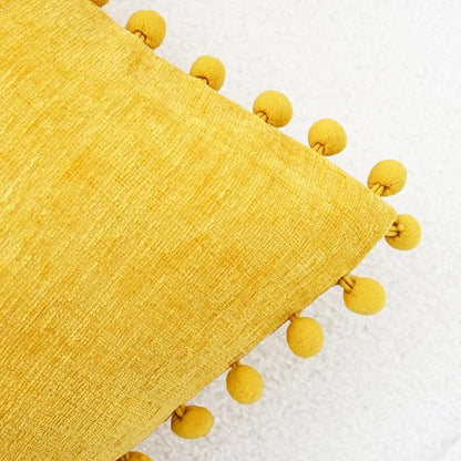 CaliTime Throw Pillow Covers Decorative 16 X 16 Inches Pack of 2 Cozy Solid Dyed Soft Chenille Cushion Cases with Pom Poms for Couch Sofa Bed Living Room Home Mustard Yellow