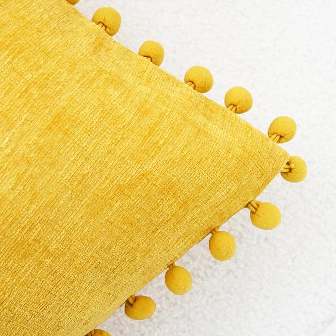 CaliTime Throw Pillow Covers Decorative 22 X 22 Inches Pack of 2 Cozy Solid Dyed Soft Chenille Cushion Cases with Pom Poms for Couch Sofa Bed Living Room Home Mustard Yellow