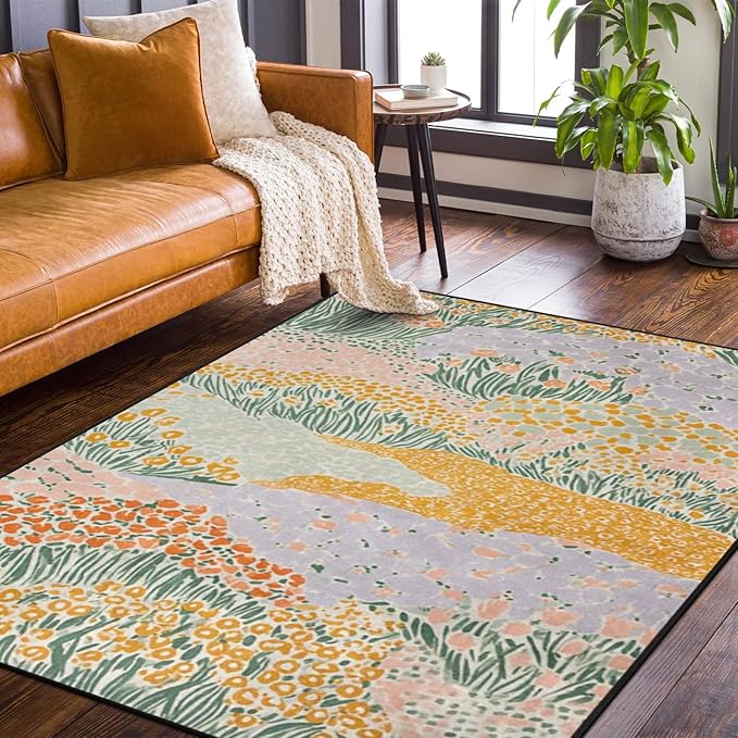 9CH Abstract Garden Floral Area Rug for Kids Bedroom 7' X 5' Natural Rainbow Flower Rugs Non-Slip Cute Soft Boho Carpet for Nursery Living Room Dorm Home Decor