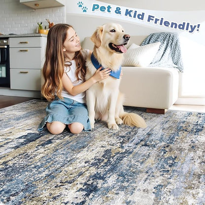 Area Rugs 9x12 for Living Room: Washable Rug Modern Abstract Neutral Soft Non-Slip Low-Pile Indoor Large Carpet for Bedroom Dining Room Playroom Home Office (Blue Grey Brown, 9'x12')