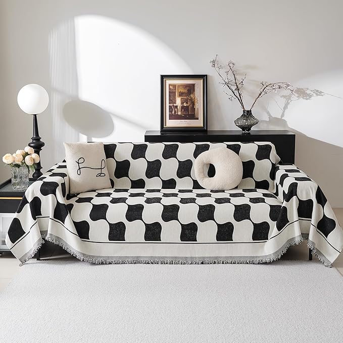 MEETSKY Couch Cover Sofa Cover Washable,Chenille Jacquard Sofa Covers for 2 Cushion Couch Sofa, Sofa Slipcover Loveseat Pet Couch Covers for Sectional Sofa, 71" x 118", Black Checkerboard
