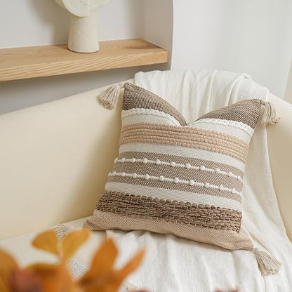 BlissBlush Brown Decorative Throw Pillow Cover 20x20 Square Boho Accent Pillowcase Tassels Farmhouse Cushion for Couch Sofa Bedroom Livingroom Home Décor Cover ONLY (Pack of 1)