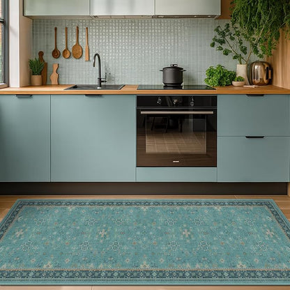 Boho 2x6 Non Slip Kitchen Rug Runner - Teal Washable Rug for Bathroom, Laundry Room, Hallway, Non Slip with Rubber Backing, Floral Aqua Blue Unique Runner Décor