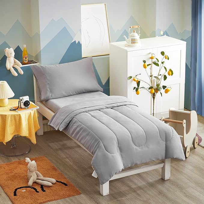 UOZZI BEDDING 4 Pieces Toddler Bedding Set Ultra Soft and Breathable Toddler Sheet Set - Includes Comforter, Flat Sheet, Fitted Sheet and Pillowcase - Gray