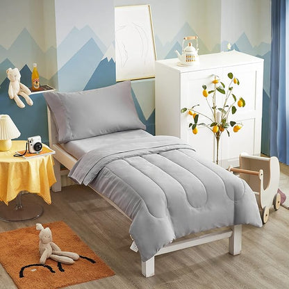 UOZZI BEDDING 4 Pieces Toddler Bedding Set Ultra Soft and Breathable Toddler Sheet Set - Includes Comforter, Flat Sheet, Fitted Sheet and Pillowcase - Gray