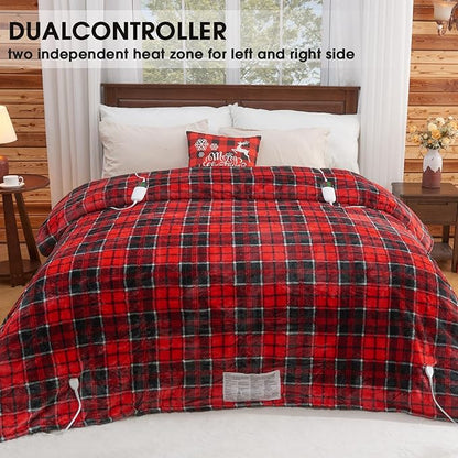 Electric Heated Blanket King Size, 90X100 Christmas Blanket with Dual Control&10 Heats Levels&Timer for Bed,Large Red Plaid Soft Sherpa Heating Blankets Warmer Gifts for Grandma Women Adults