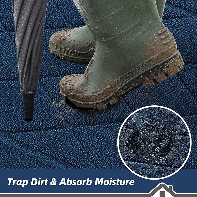 BEQHAUSE Dirt Trapper Door Mat 20" x 32", Doormat Non-Slip Entryway Rugs Washable, Dog Door Mat Stain Resistant and Absorbent Welcome Floor Mat for Front Back Door, Muddy Wet Shoes & Paws, Navy Blue