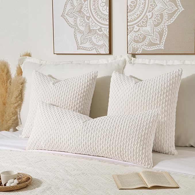 Kevin Textile 12x24 Inch Pillow Cover 1 Pack Boho Christmas Decorative Soft Striped Corduroy Lumbar Farmhouse Color Accent Rectangle Cushion Case for Living Room Couch Sofa Bed, Pure White
